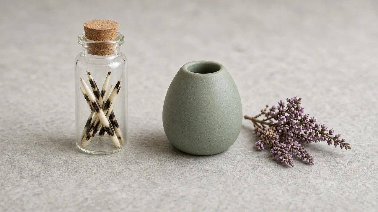 A small glass vial of hedgehog quills beside a tiny ceramic keepsake urn and a sprig of dried heather